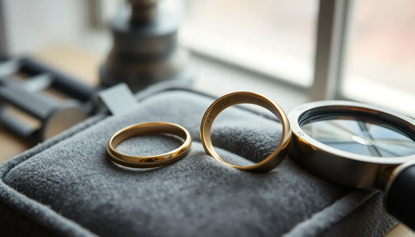 Bague en or posée sur du velours gris, observée avec une loupe de bijoutier